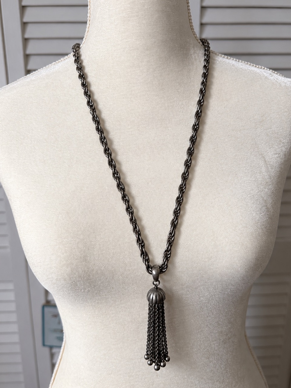 Long Oxidized Silver Tassel Statement Necklace